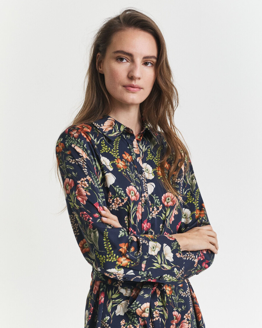 hemdblusenkleid aus viskose mit blumenmuster – abendblau