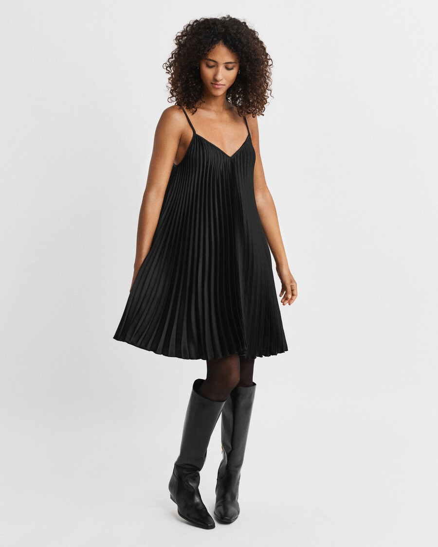 plissiertes satin-minikleid mit trägern – schwarz