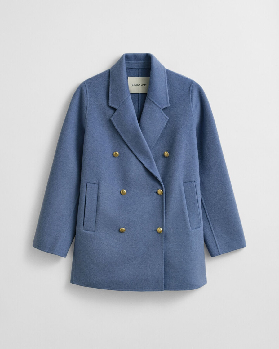 pea coat mit handgenähten details – verwaschener denim