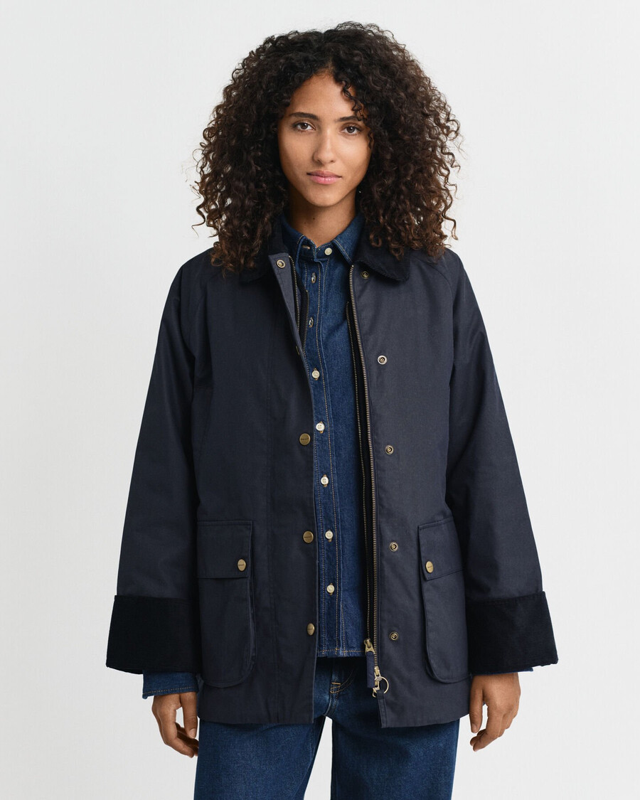doppeldeckerjacke aus gewachster baumwolle – abendblau