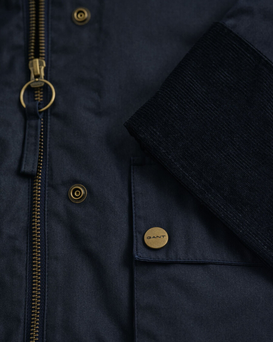 doppeldeckerjacke aus gewachster baumwolle – abendblau