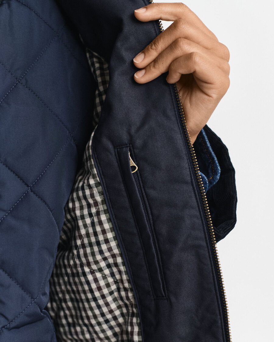 doppeldeckerjacke aus gewachster baumwolle – abendblau