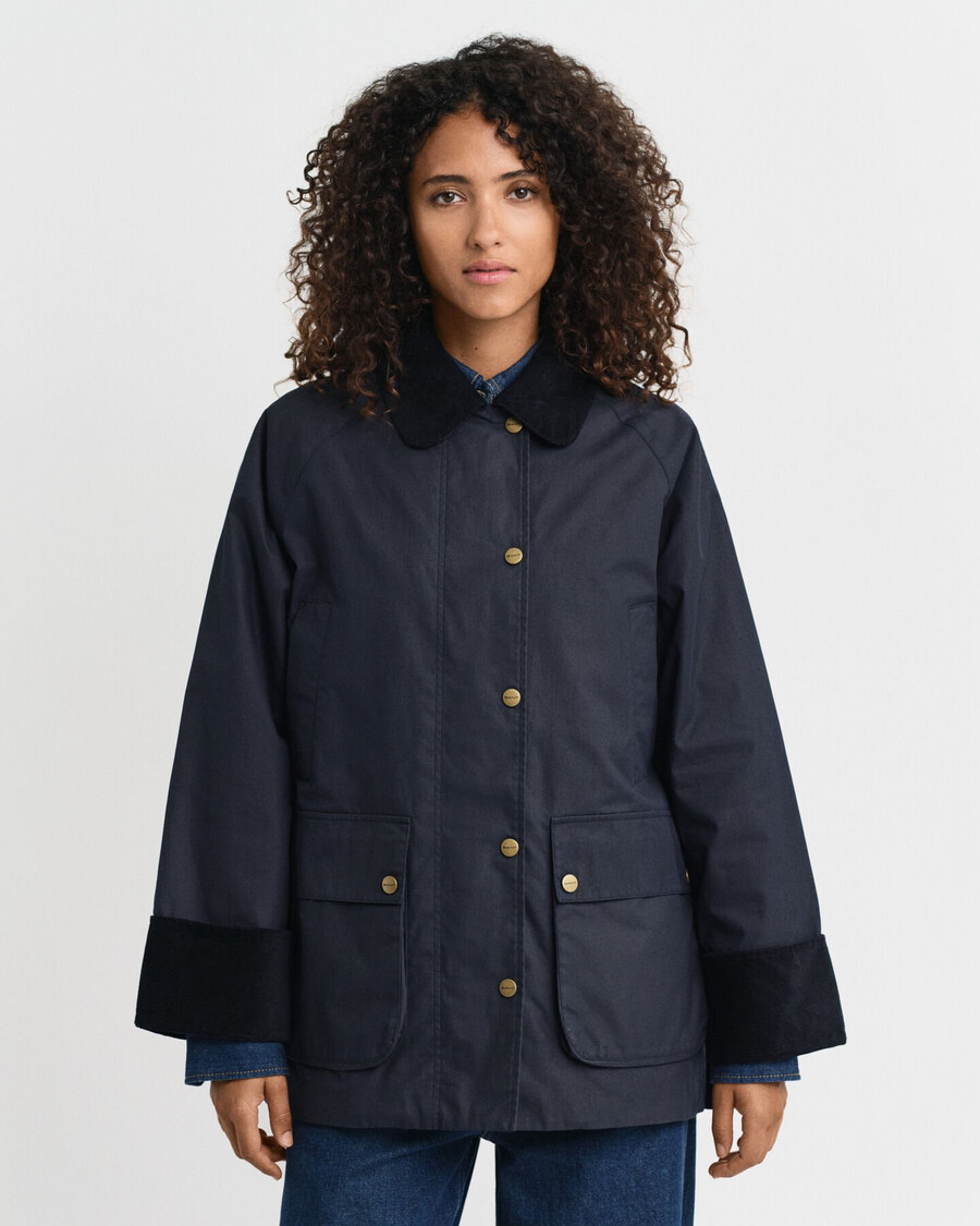 doppeldeckerjacke aus gewachster baumwolle – abendblau