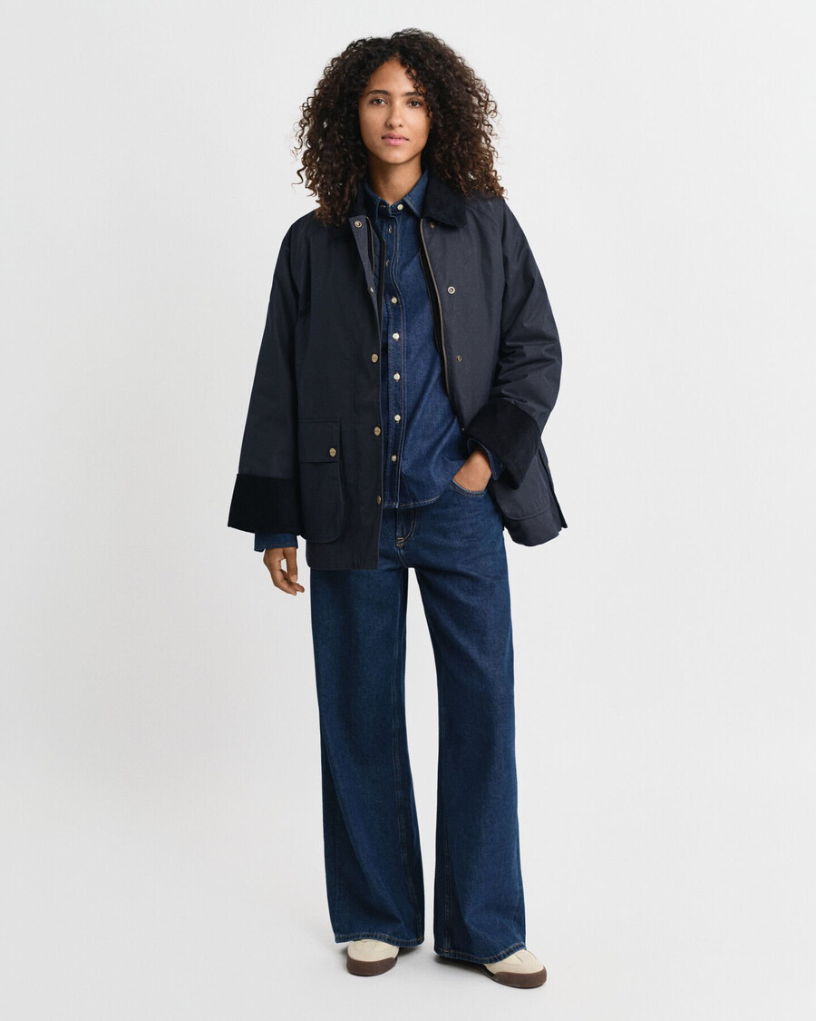 doppeldeckerjacke aus gewachster baumwolle – abendblau