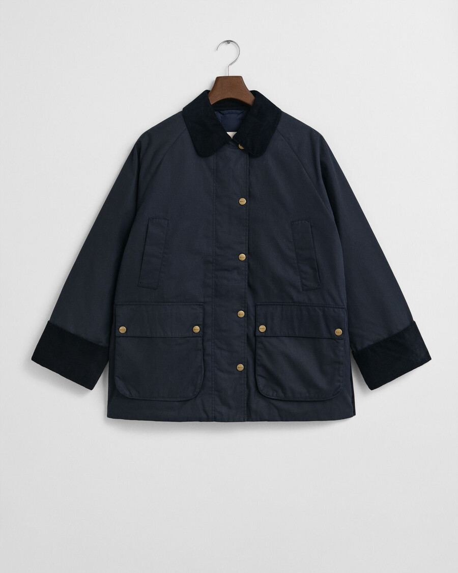 doppeldeckerjacke aus gewachster baumwolle – abendblau