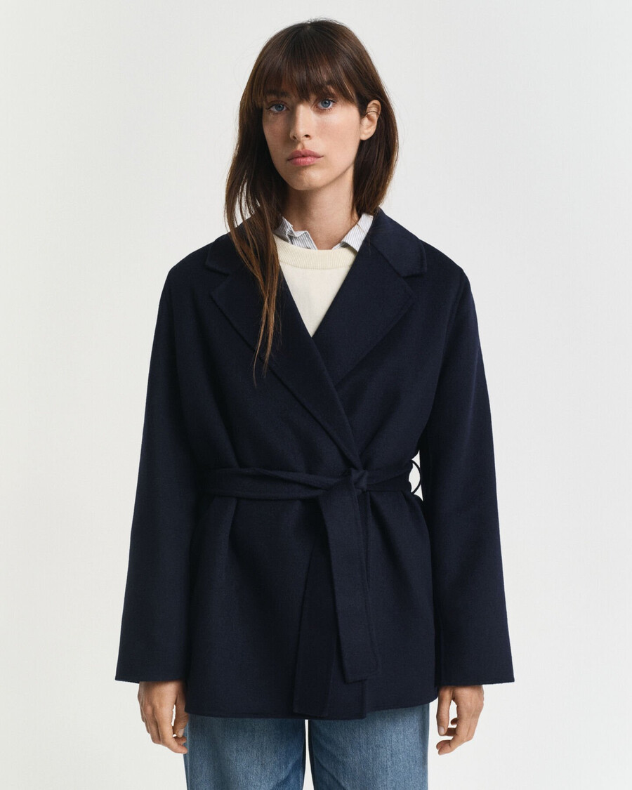 handgenähte jacke mit gürtel – abendblau