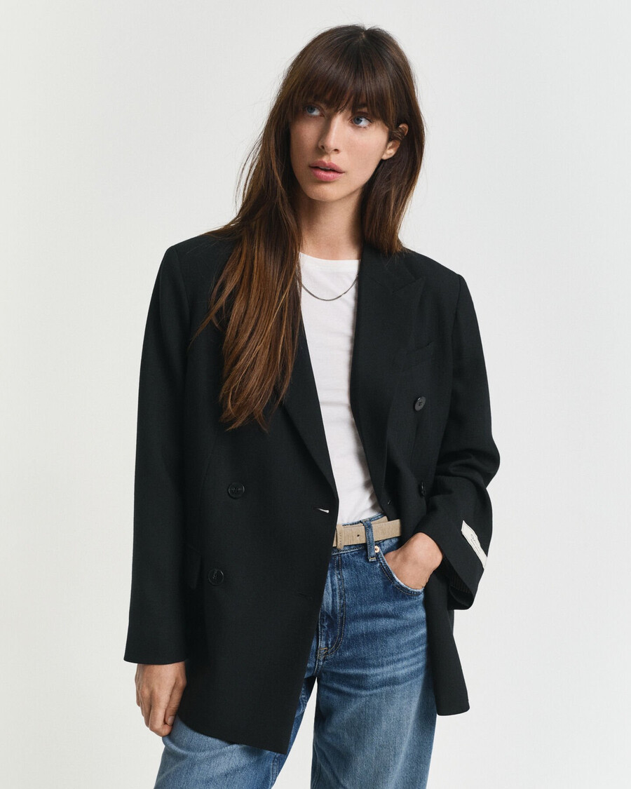 lässiger zweireihiger blazer aus wollmischgewebe hopsack – schwarz