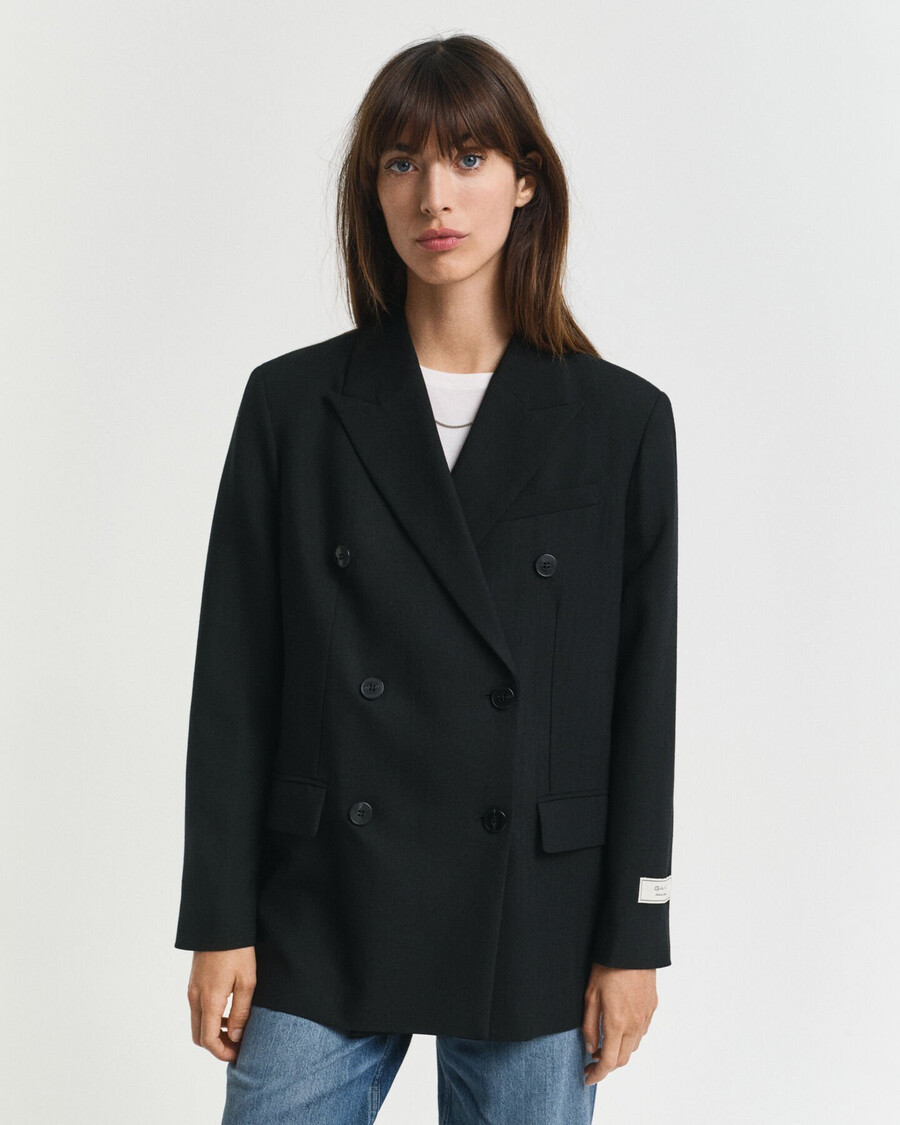 lässiger zweireihiger blazer aus wollmischgewebe hopsack – schwarz