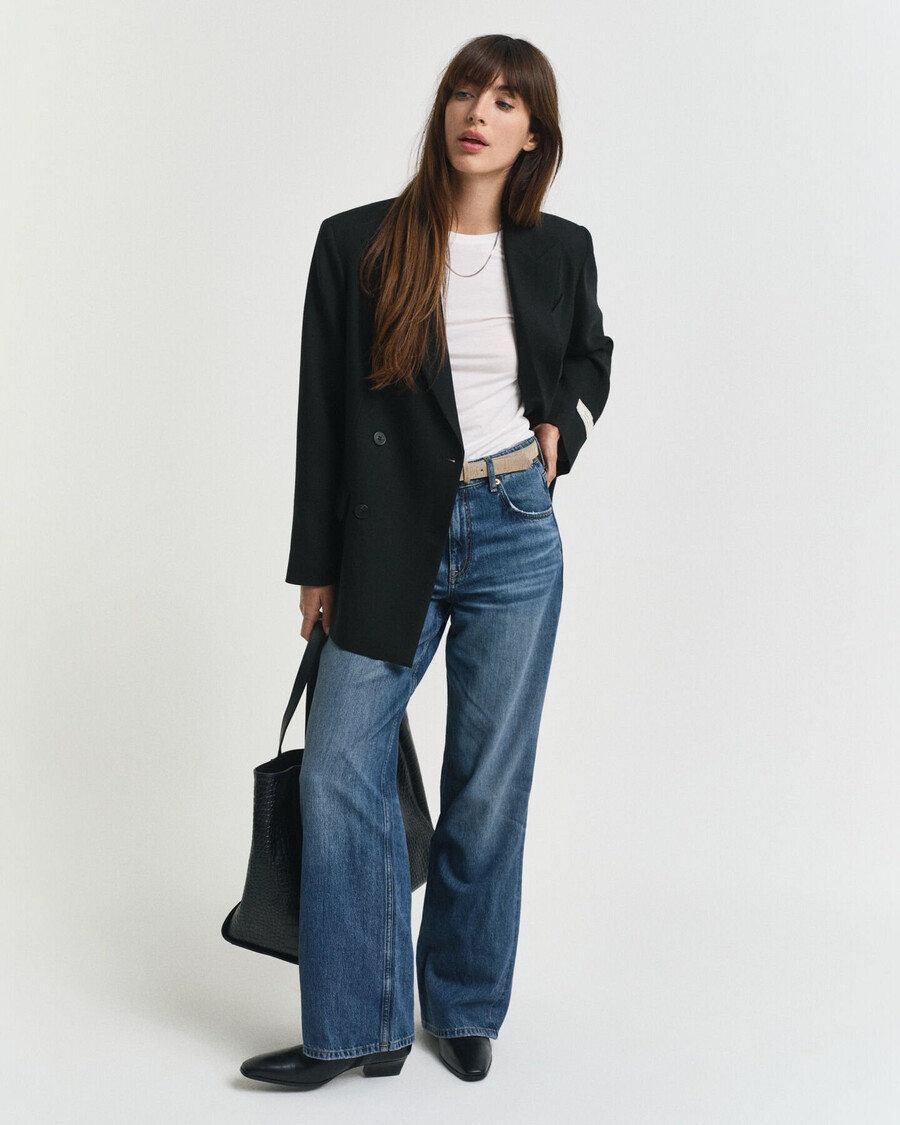 lässiger zweireihiger blazer aus wollmischgewebe hopsack – schwarz