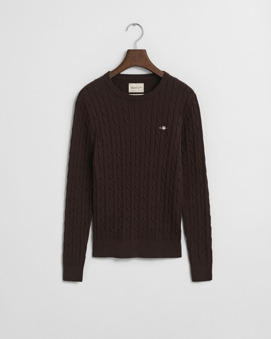 stretch-baumwollpullover mit zopfmuster und rundhalsausschnitt – dunkelbraun
