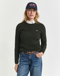 stretch-baumwollpullover mit zopfmuster und rundhalsausschnitt – dunkelmoosgrün