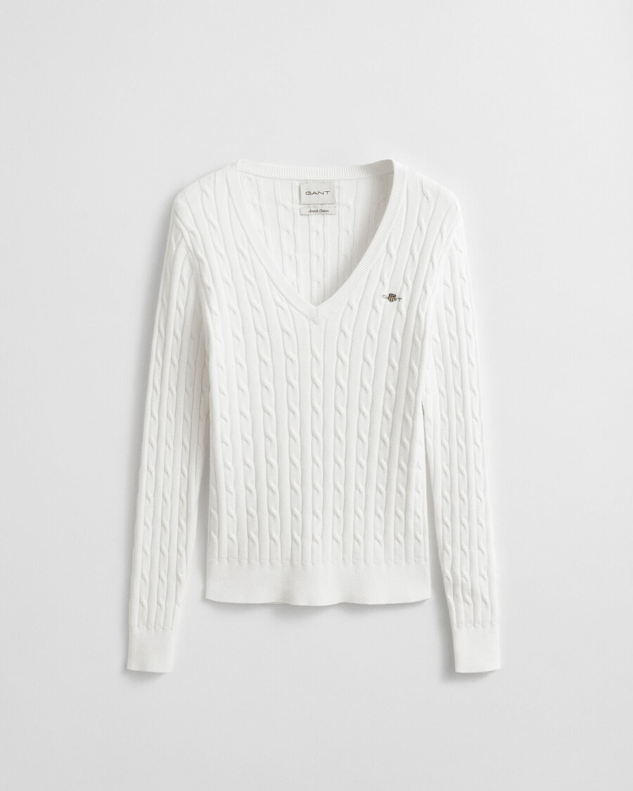 stretch-baumwollpullover mit zopfmuster und v-ausschnitt – eierschale