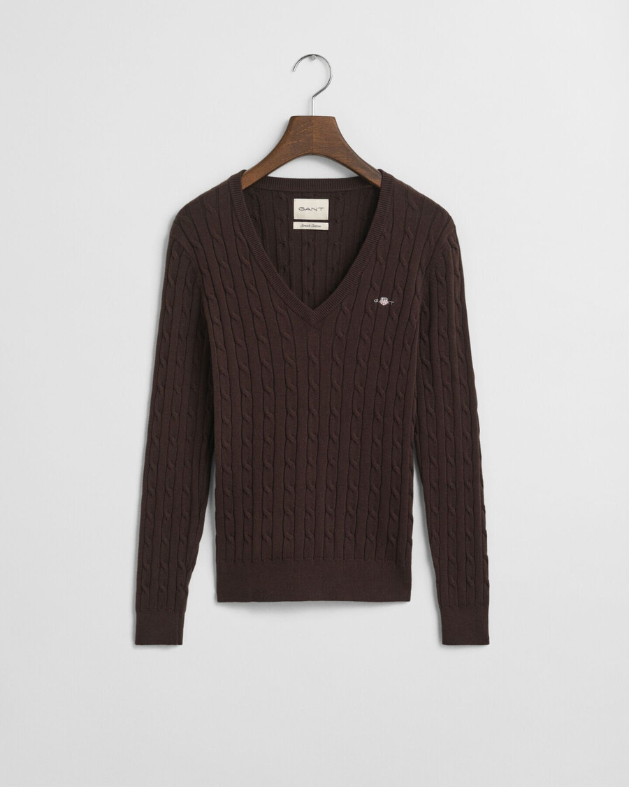 stretch-baumwollpullover mit zopfmuster und v-ausschnitt – dunkelbraun