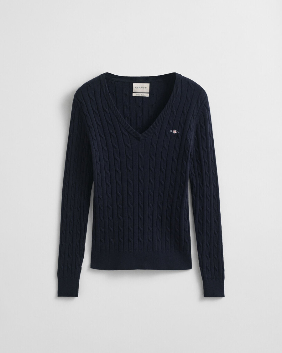 stretch-baumwollpullover mit zopfmuster und v-ausschnitt – abendblau