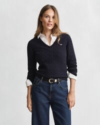 stretch-baumwollpullover mit zopfmuster und v-ausschnitt – abendblau