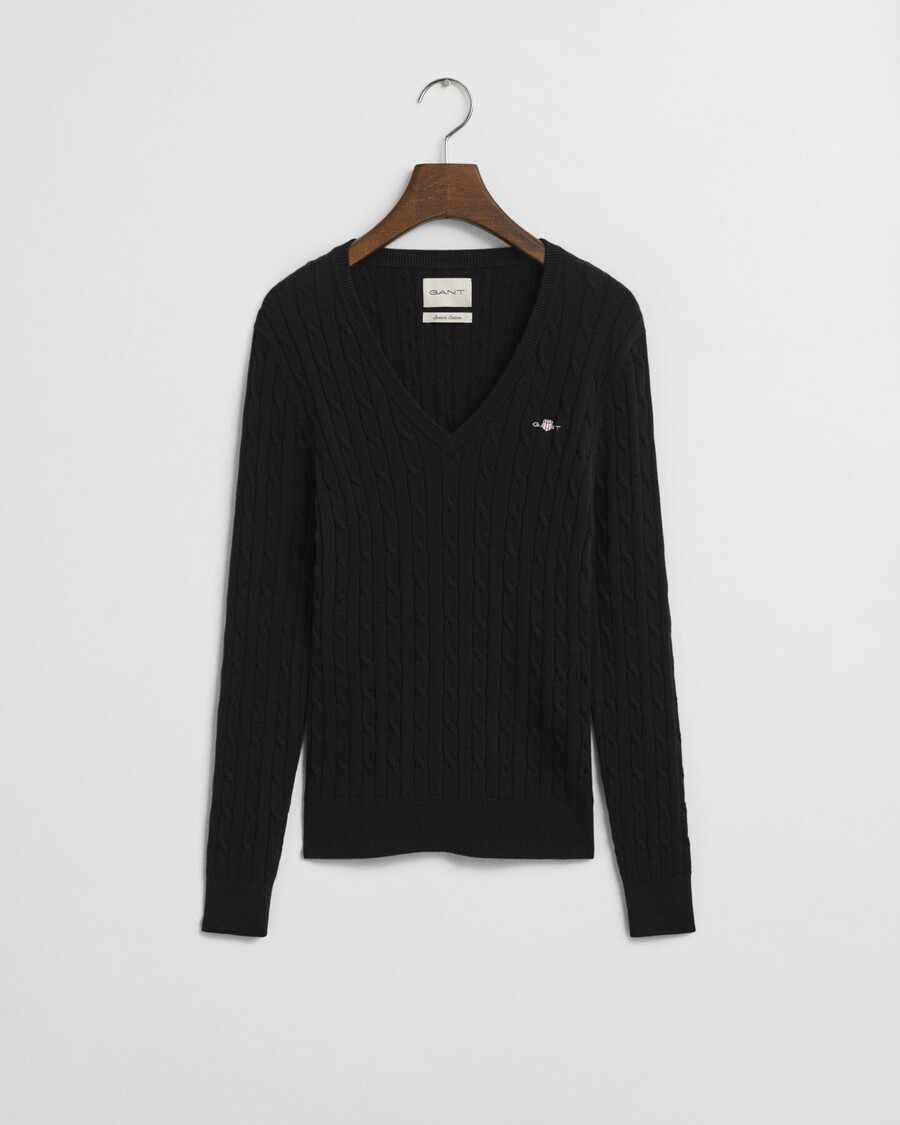 schwarzer baumwollpullover mit zopfmuster und v-ausschnitt