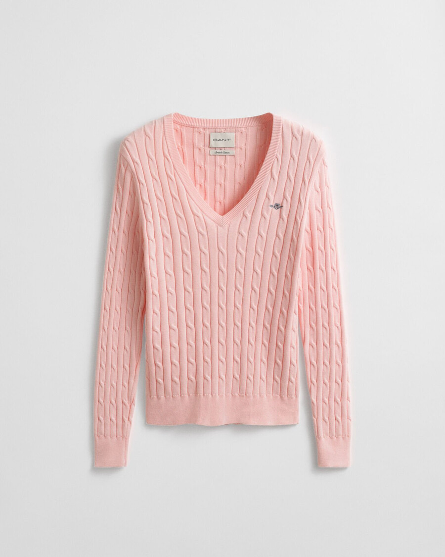 stretch-baumwollpullover mit zopfmuster und v-ausschnitt – aprikosenrosa