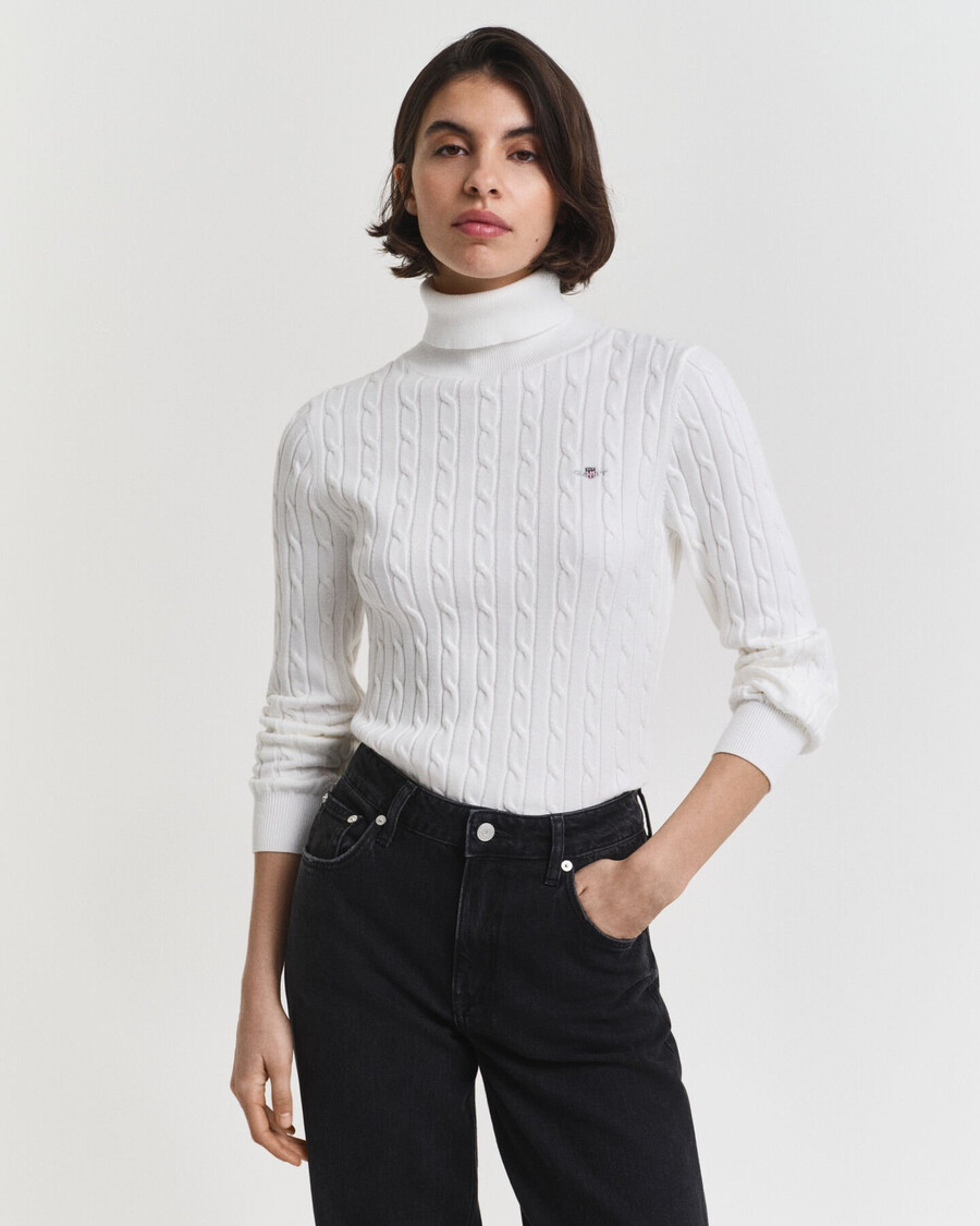 stretch-baumwoll-rollkragenpullover mit zopfmuster – eierschale