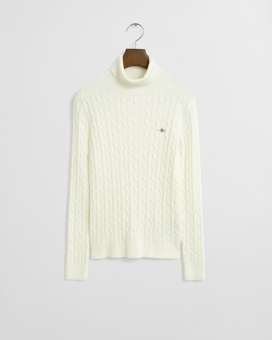 stretch-baumwoll-rollkragenpullover mit zopfmuster – eierschale