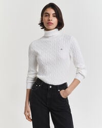 stretch-baumwoll-rollkragenpullover mit zopfmuster – eierschale