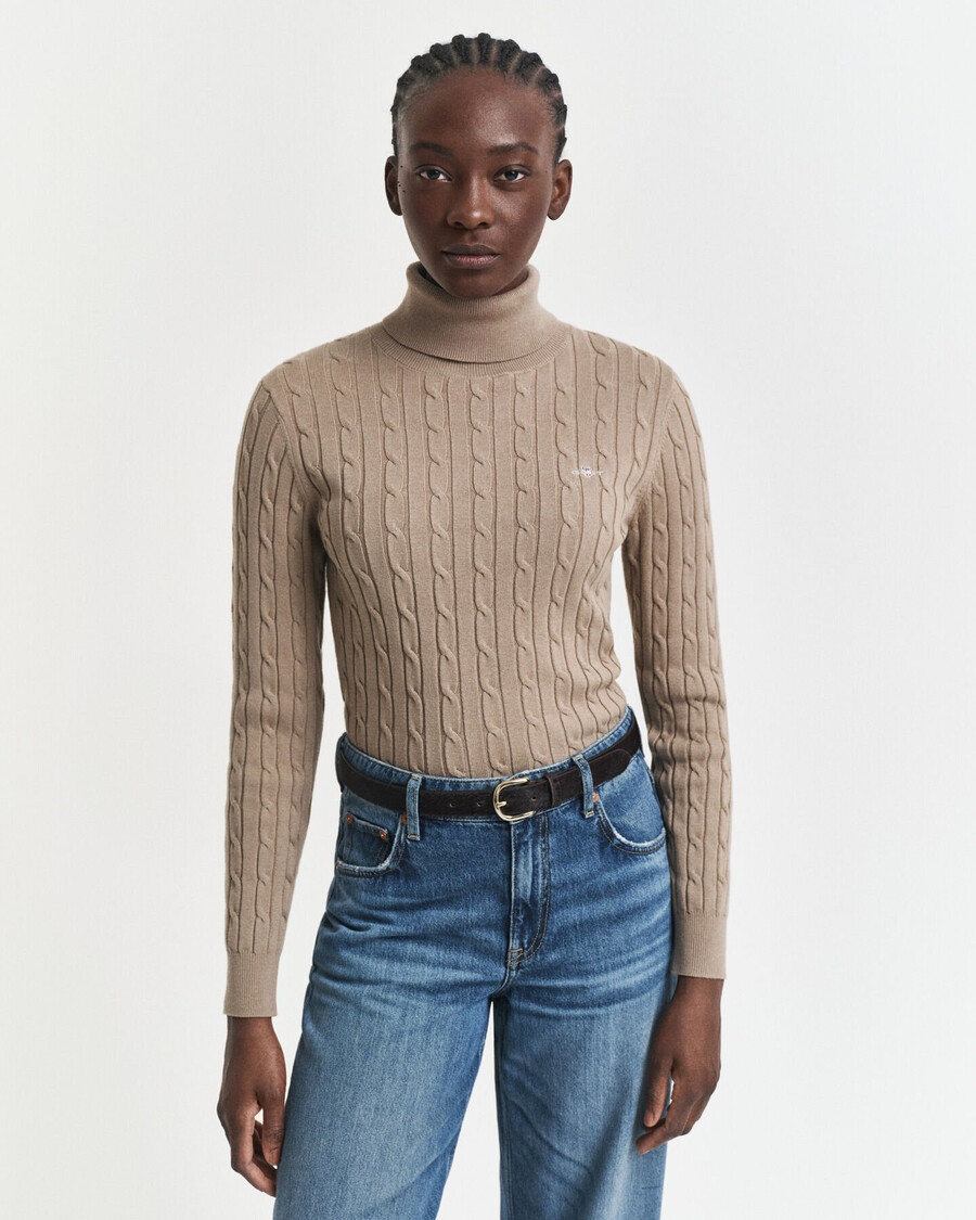 rollkragenpullover aus stretch-baumwolle mit zopfmuster – taupe-beige