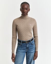 rollkragenpullover aus stretch-baumwolle mit zopfmuster – taupe-beige