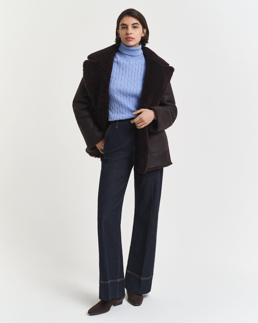 stretch-baumwoll-rollkragenpullover mit zopfmuster - hellblau