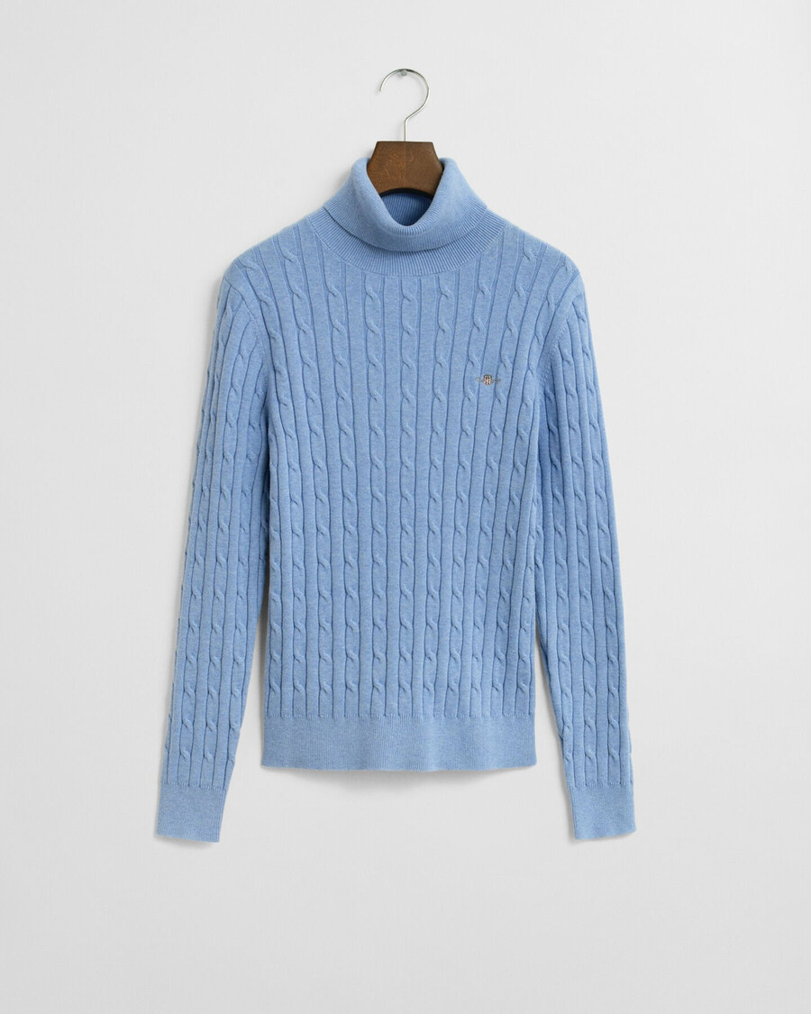 stretch-baumwoll-rollkragenpullover mit zopfmuster - hellblau