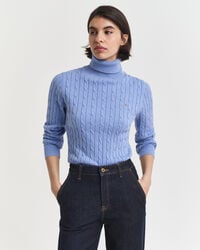 stretch-baumwoll-rollkragenpullover mit zopfmuster - hellblau