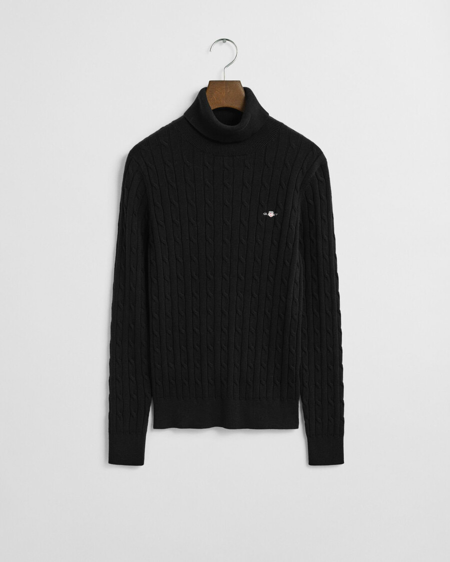 rollkragenpullover aus stretch-baumwolle mit zopfmuster - schwarz