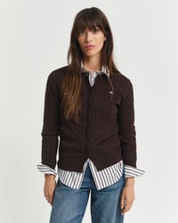 strickjacke aus stretch-baumwolle mit zopfmuster – dunkelbraun