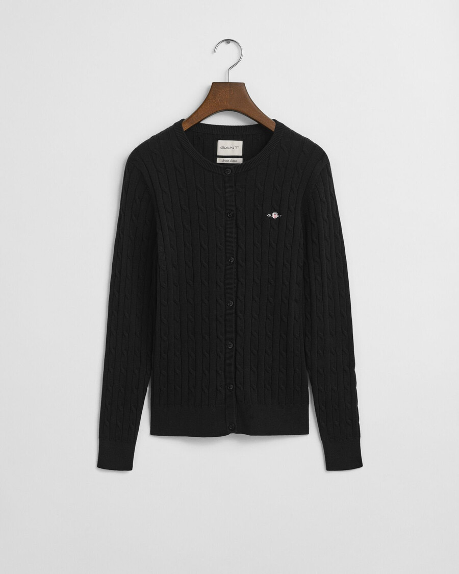 strickjacke aus stretch-baumwolle mit zopfmuster – schwarz