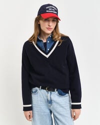 superfeiner lammwollpullover mit kontrastausschnitt und v-ausschnitt – abendblau