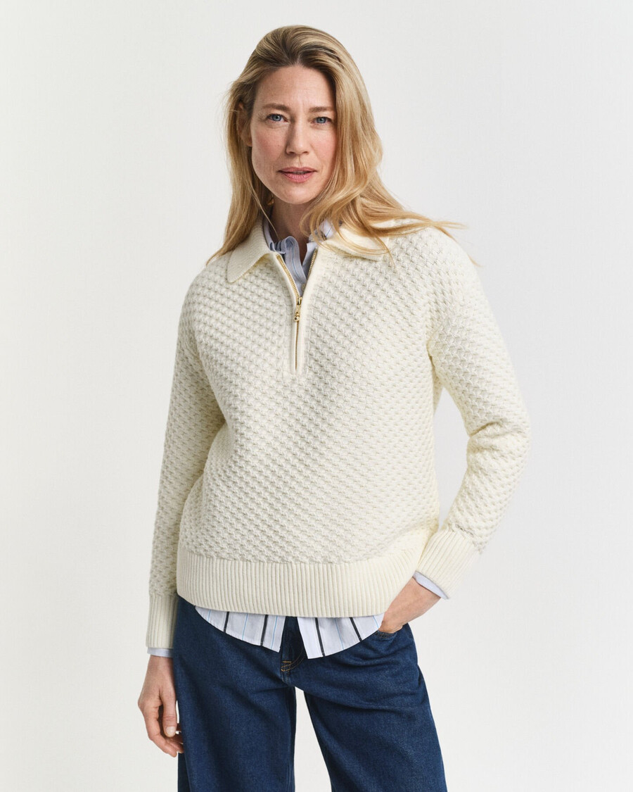 strukturierter baumwollpullover mit halbem reißverschluss – creme