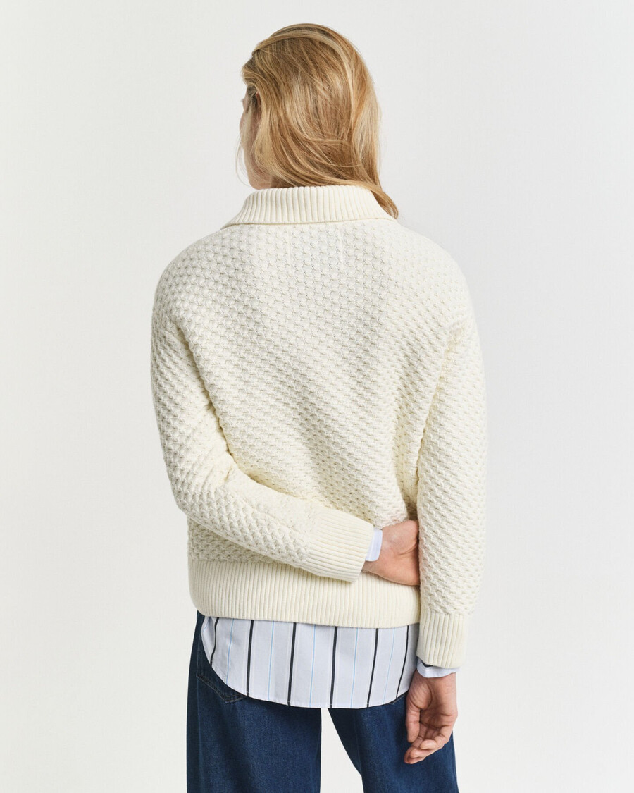 strukturierter baumwollpullover mit halbem reißverschluss – creme