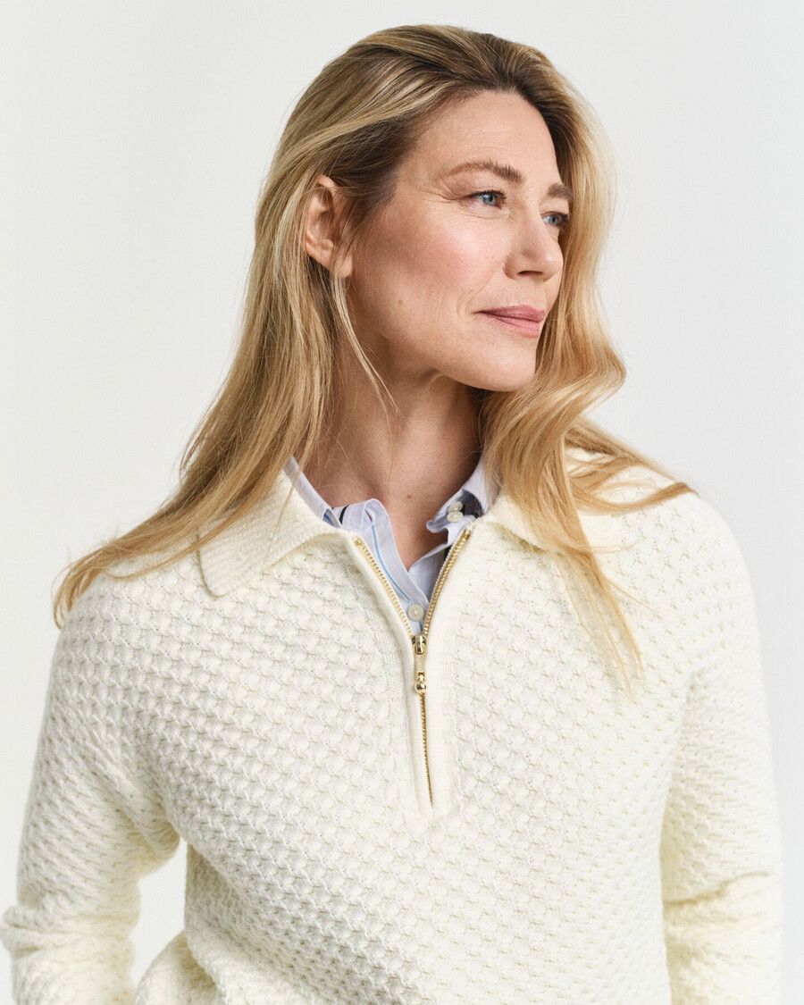 strukturierter baumwollpullover mit halbem reißverschluss – creme