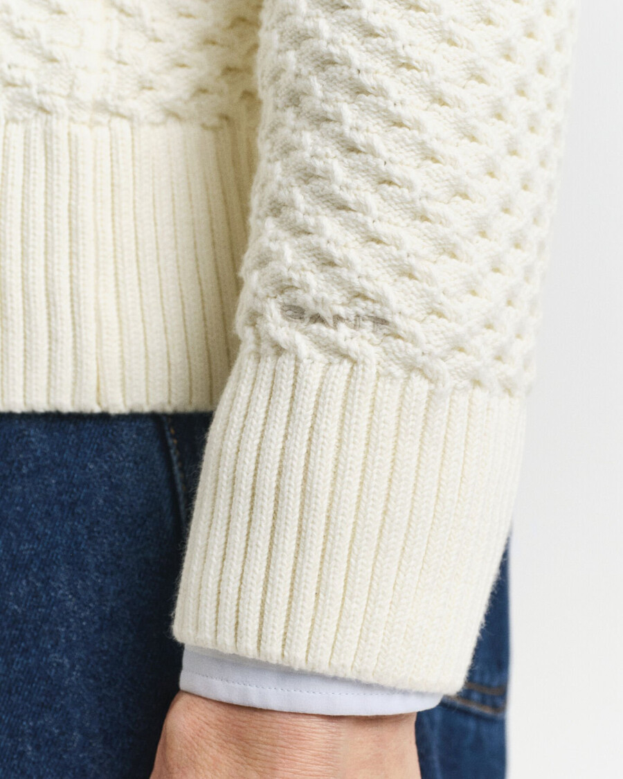 strukturierter baumwollpullover mit halbem reißverschluss – creme