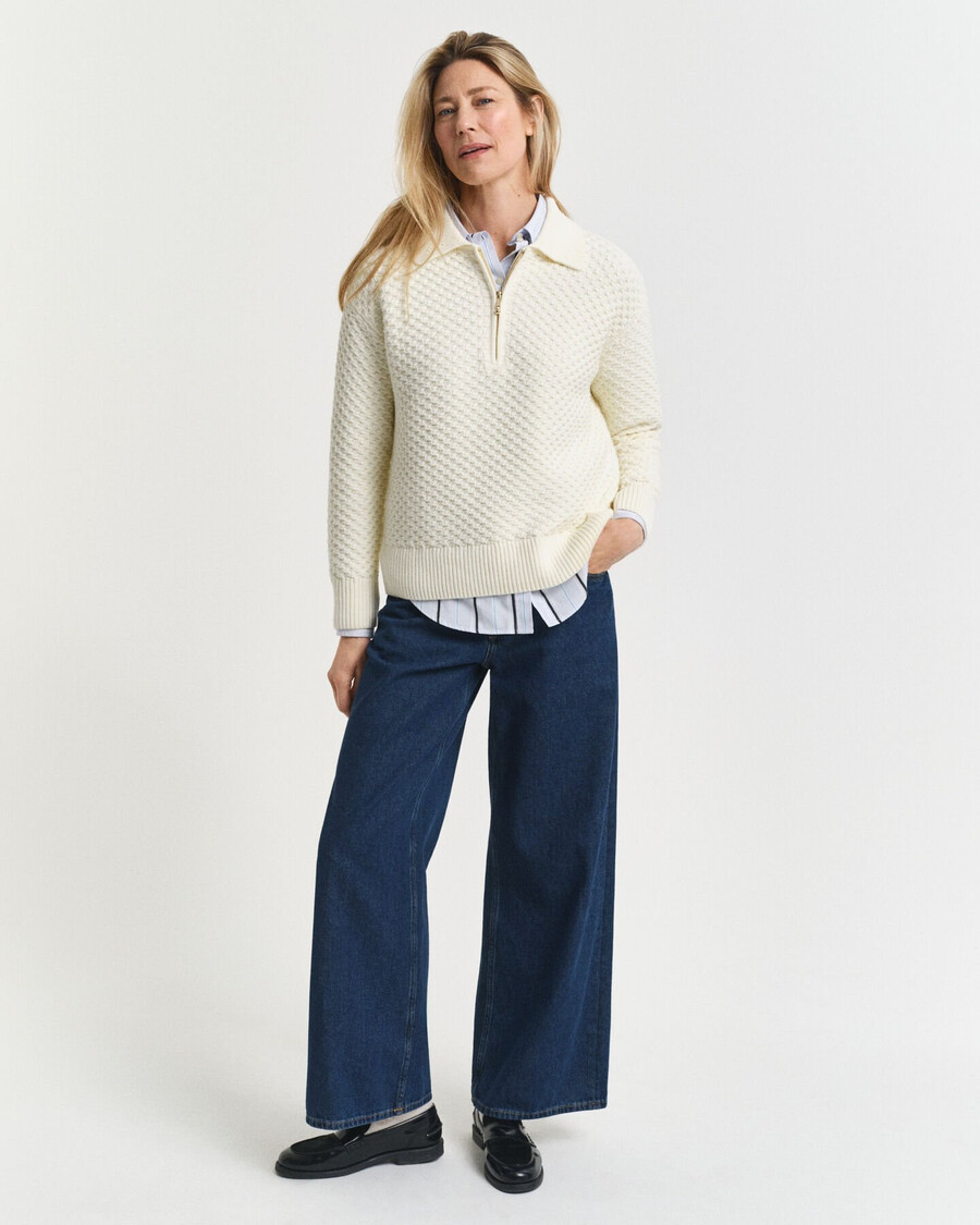 strukturierter baumwollpullover mit halbem reißverschluss – creme