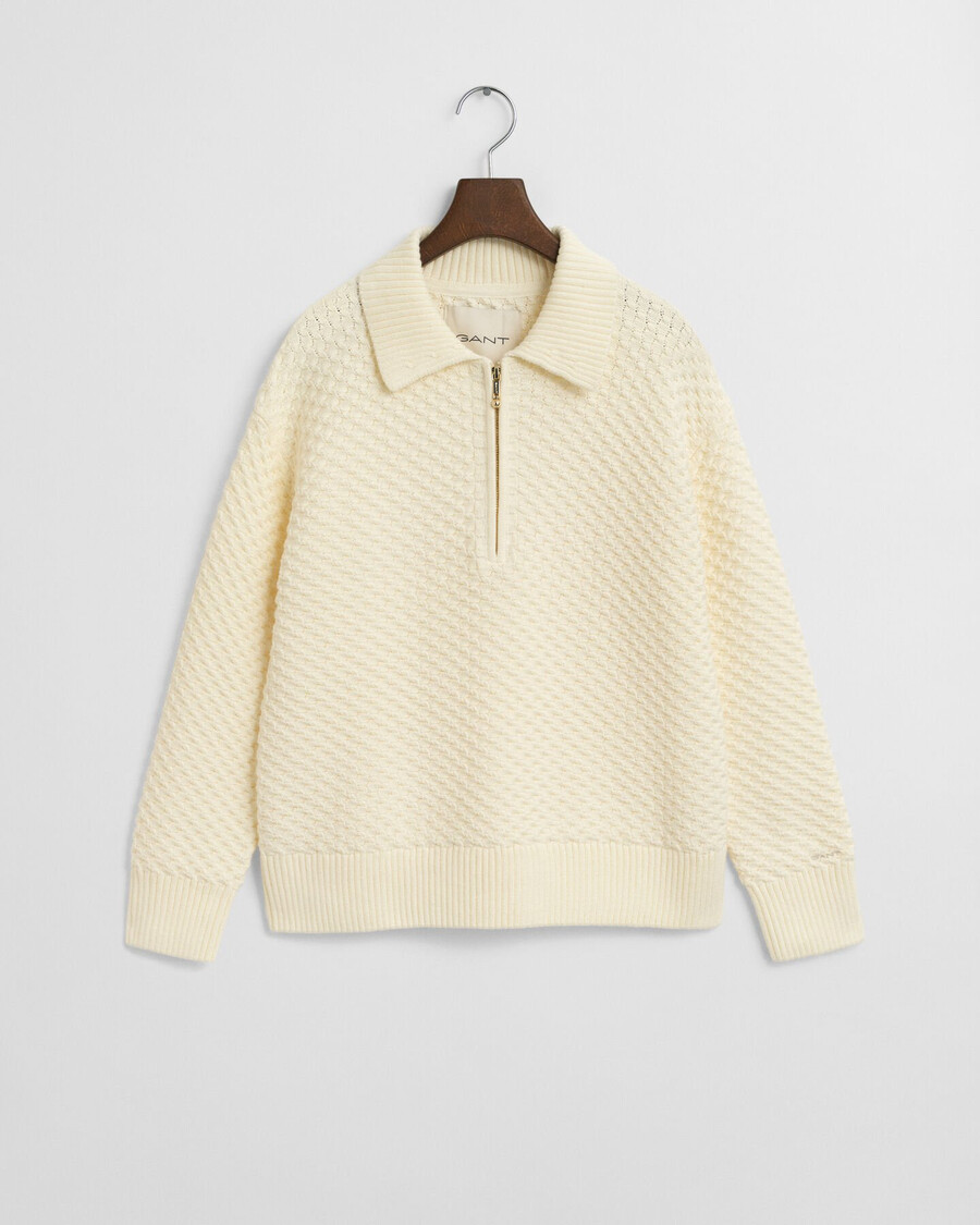 strukturierter baumwollpullover mit halbem reißverschluss – creme