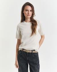 feiner lammwollpullover mit kurzen Ärmeln und rundhalsausschnitt – creme