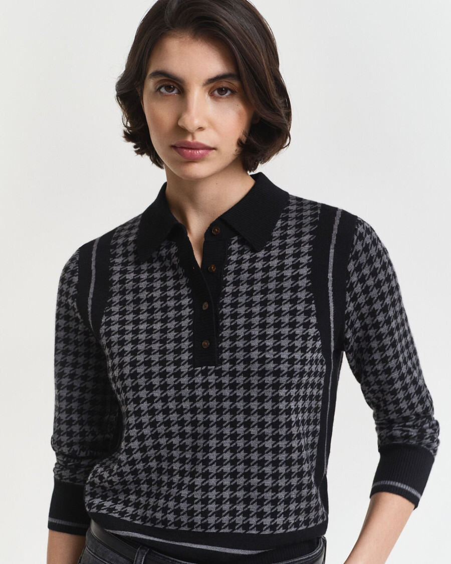 polo-pullover mit hahnentrittmuster und jacquardmuster – schwarz