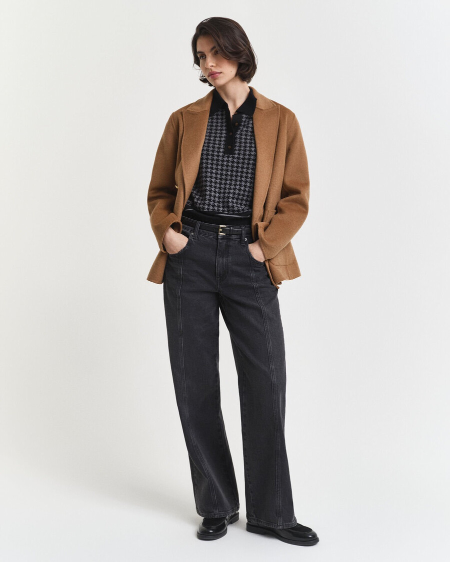 polo-pullover mit hahnentrittmuster und jacquardmuster – schwarz