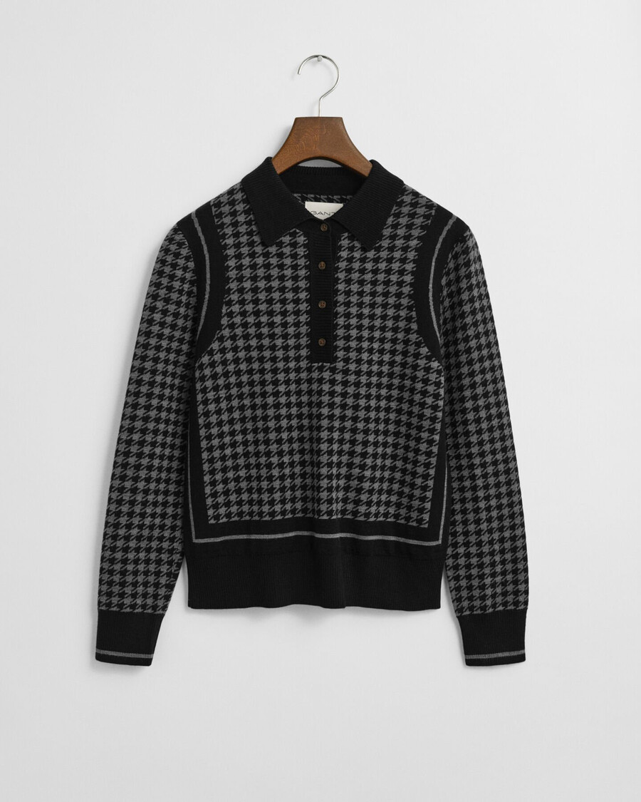 polo-pullover mit hahnentrittmuster und jacquardmuster – schwarz