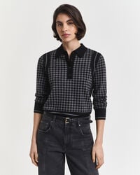 polo-pullover mit hahnentrittmuster und jacquardmuster – schwarz