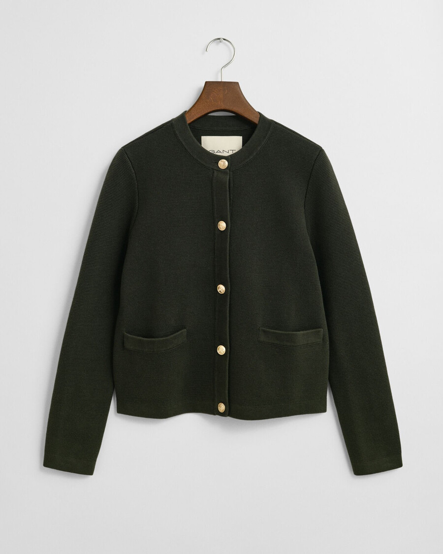 kontrastfarbene strickjacke – dunkelmoosgrün