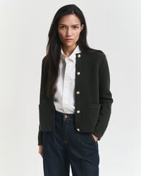 kontrastfarbene strickjacke – dunkelmoosgrün