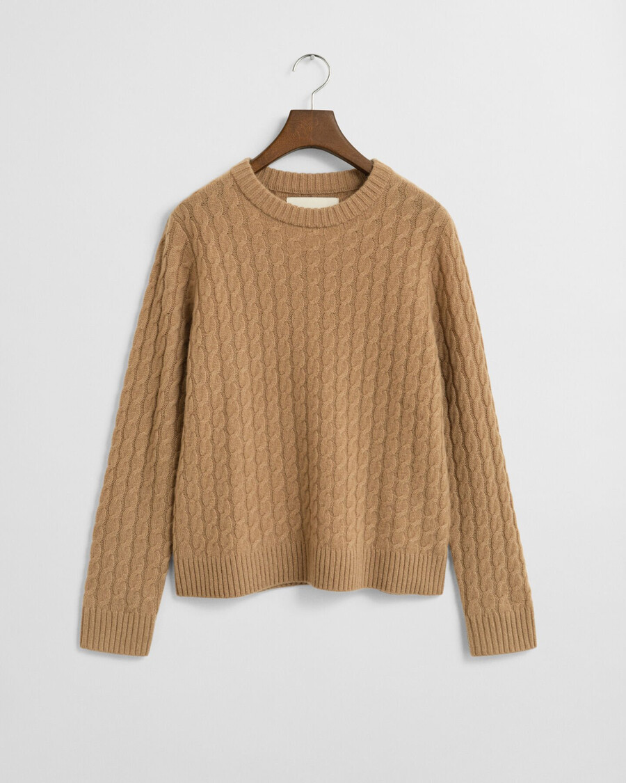 kaschmirpullover mit zopfmuster und rundhalsausschnitt – warmes khaki
