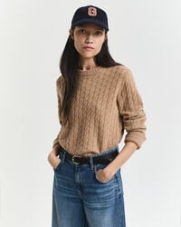 kaschmirpullover mit zopfmuster und rundhalsausschnitt – warmes khaki
