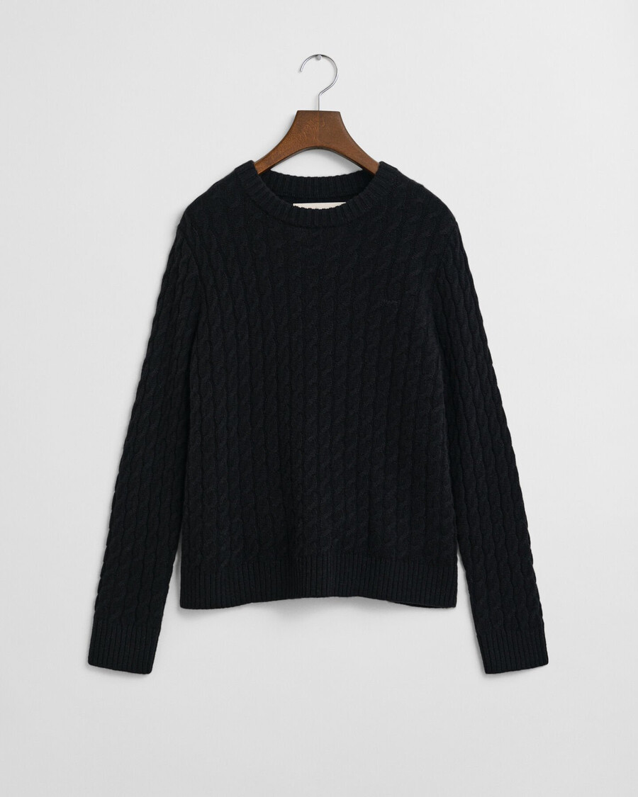 kaschmirpullover mit zopfmuster und rundhalsausschnitt – schwarz