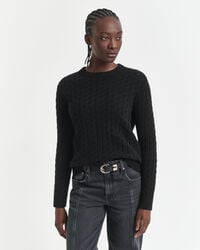 kaschmirpullover mit zopfmuster und rundhalsausschnitt – schwarz